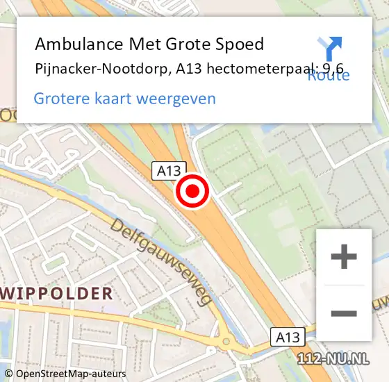 Locatie op kaart van de 112 melding: Ambulance Met Grote Spoed Naar Pijnacker-Nootdorp, A13 hectometerpaal: 9,6 op 9 januari 2025 18:31