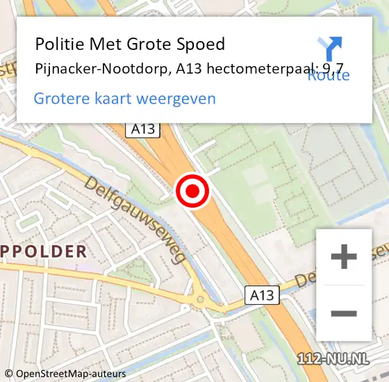 Locatie op kaart van de 112 melding: Politie Met Grote Spoed Naar Pijnacker-Nootdorp, A13 hectometerpaal: 9,7 op 9 januari 2025 18:32