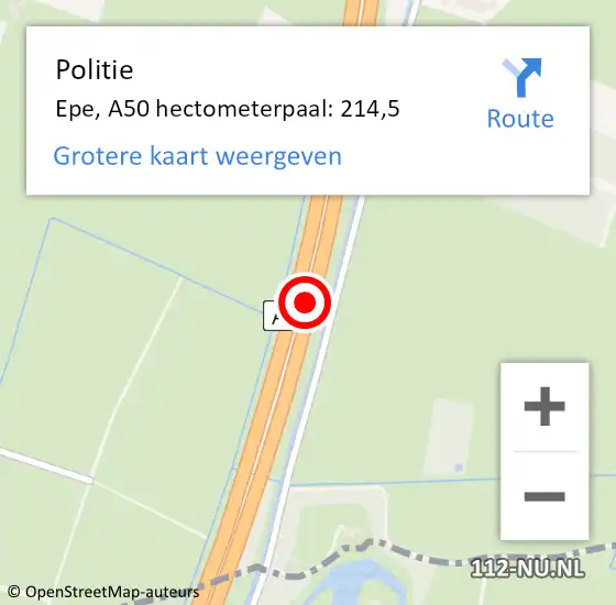 Locatie op kaart van de 112 melding: Politie Epe, A50 hectometerpaal: 214,5 op 9 januari 2025 19:31