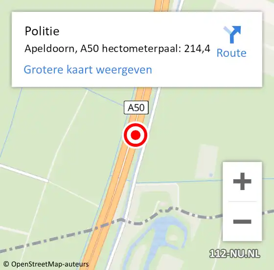 Locatie op kaart van de 112 melding: Politie Apeldoorn, A50 hectometerpaal: 214,4 op 9 januari 2025 19:34