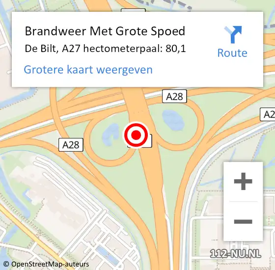 Locatie op kaart van de 112 melding: Brandweer Met Grote Spoed Naar De Bilt, A27 hectometerpaal: 80,1 op 9 januari 2025 21:23