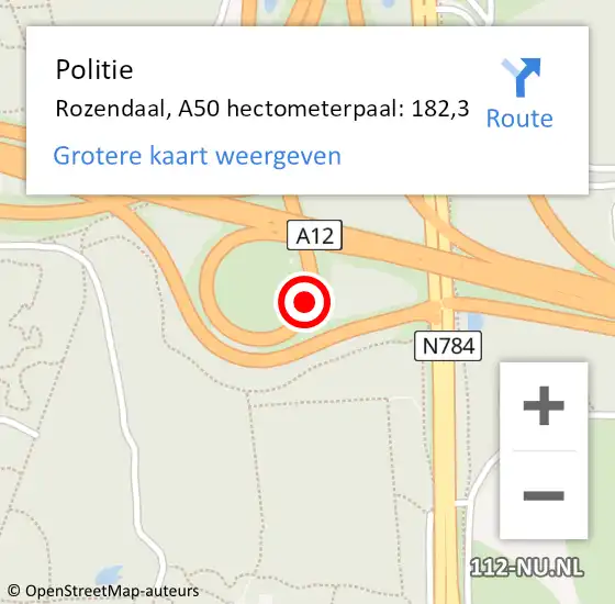 Locatie op kaart van de 112 melding: Politie Rozendaal, A50 hectometerpaal: 182,3 op 9 januari 2025 23:02