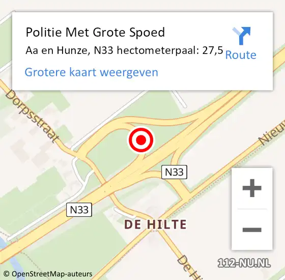 Locatie op kaart van de 112 melding: Politie Met Grote Spoed Naar Aa en Hunze, N33 hectometerpaal: 27,5 op 9 januari 2025 23:16