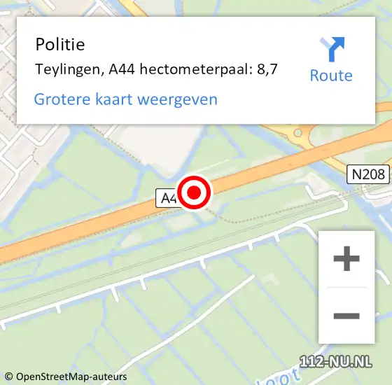 Locatie op kaart van de 112 melding: Politie Teylingen, A44 hectometerpaal: 8,7 op 10 januari 2025 00:43