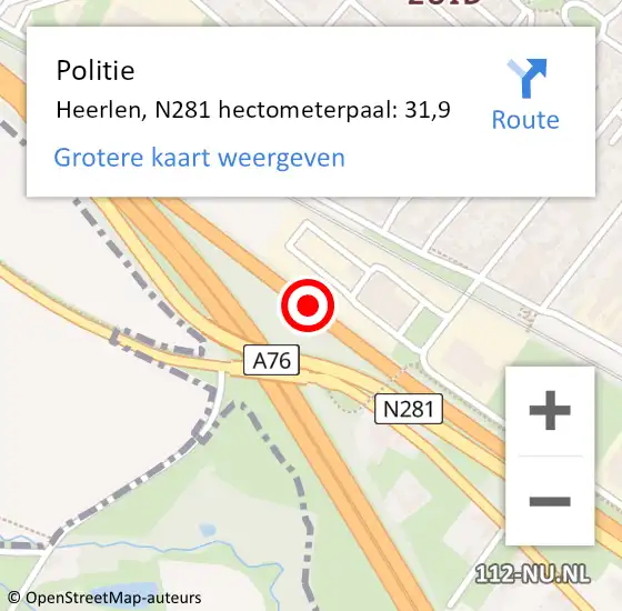 Locatie op kaart van de 112 melding: Politie Heerlen, N281 hectometerpaal: 31,9 op 10 januari 2025 01:02