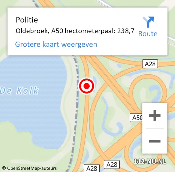 Locatie op kaart van de 112 melding: Politie Oldebroek, A50 hectometerpaal: 238,7 op 10 januari 2025 08:10