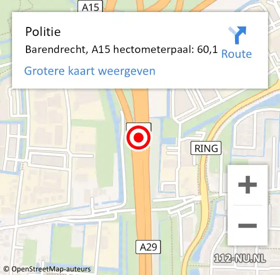 Locatie op kaart van de 112 melding: Politie Barendrecht, A15 hectometerpaal: 60,1 op 10 januari 2025 09:39