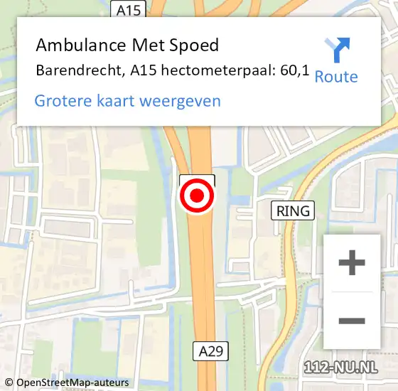 Locatie op kaart van de 112 melding: Ambulance Met Spoed Naar Barendrecht, A15 hectometerpaal: 60,1 op 10 januari 2025 09:40