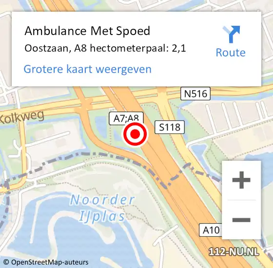 Locatie op kaart van de 112 melding: Ambulance Met Spoed Naar Oostzaan, A8 hectometerpaal: 2,1 op 10 januari 2025 10:23