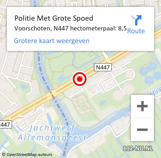 Locatie op kaart van de 112 melding: Politie Met Grote Spoed Naar Voorschoten, N447 hectometerpaal: 8,5 op 10 januari 2025 11:12