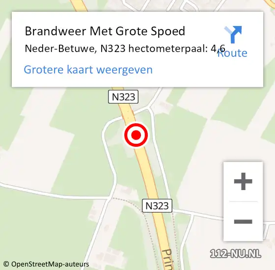 Locatie op kaart van de 112 melding: Brandweer Met Grote Spoed Naar Neder-Betuwe, N323 hectometerpaal: 4,6 op 10 januari 2025 11:21