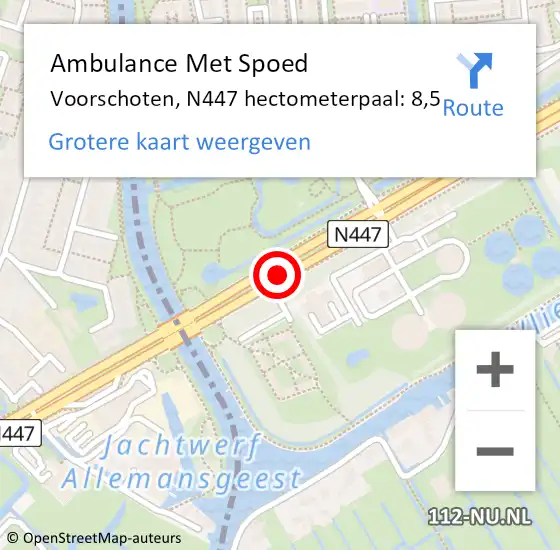 Locatie op kaart van de 112 melding: Ambulance Met Spoed Naar Voorschoten, N447 hectometerpaal: 8,5 op 10 januari 2025 11:24