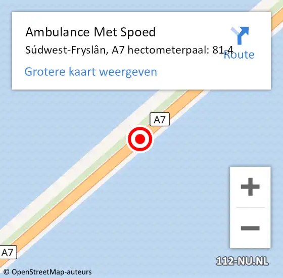 Locatie op kaart van de 112 melding: Ambulance Met Spoed Naar Súdwest-Fryslân, A7 hectometerpaal: 81,4 op 10 januari 2025 11:59