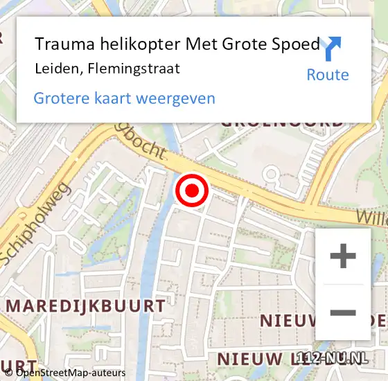 Locatie op kaart van de 112 melding: Trauma helikopter Met Grote Spoed Naar Leiden, Flemingstraat op 10 januari 2025 15:06