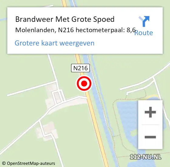 Locatie op kaart van de 112 melding: Brandweer Met Grote Spoed Naar Molenlanden, N216 hectometerpaal: 8,6 op 10 januari 2025 16:40