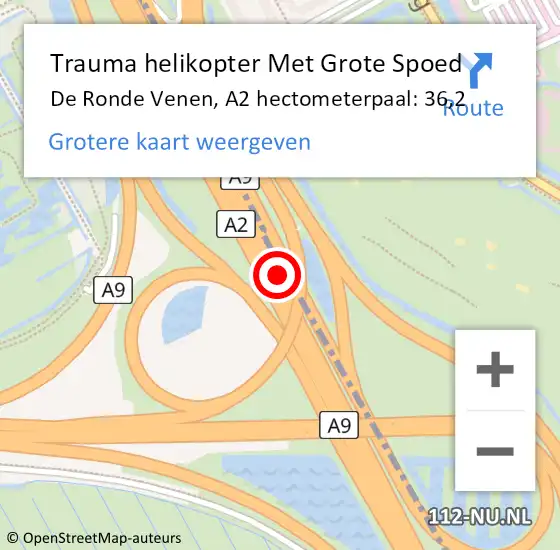 Locatie op kaart van de 112 melding: Trauma helikopter Met Grote Spoed Naar De Ronde Venen, A2 hectometerpaal: 36,2 op 11 januari 2025 05:13