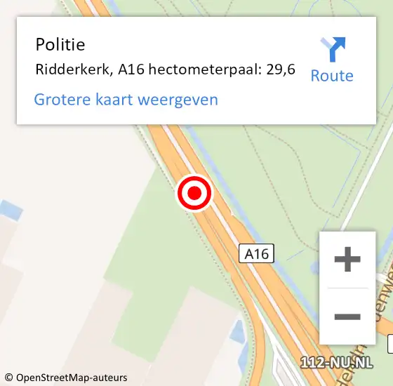 Locatie op kaart van de 112 melding: Politie Hendrik-Ido-Ambacht, A16 hectometerpaal: 29,6 op 11 januari 2025 06:48