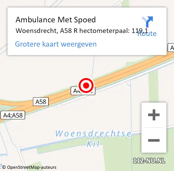 Locatie op kaart van de 112 melding: Ambulance Met Spoed Naar Woensdrecht, A58 R hectometerpaal: 119,1 op 2 november 2014 22:53