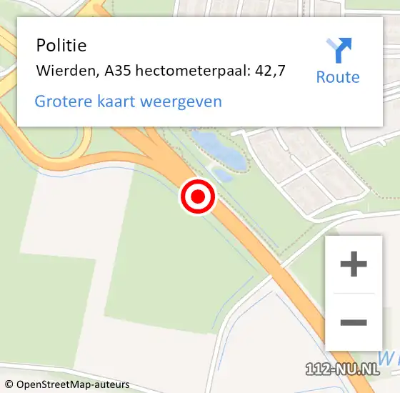 Locatie op kaart van de 112 melding: Politie Wierden, A35 hectometerpaal: 42,7 op 13 januari 2025 17:28