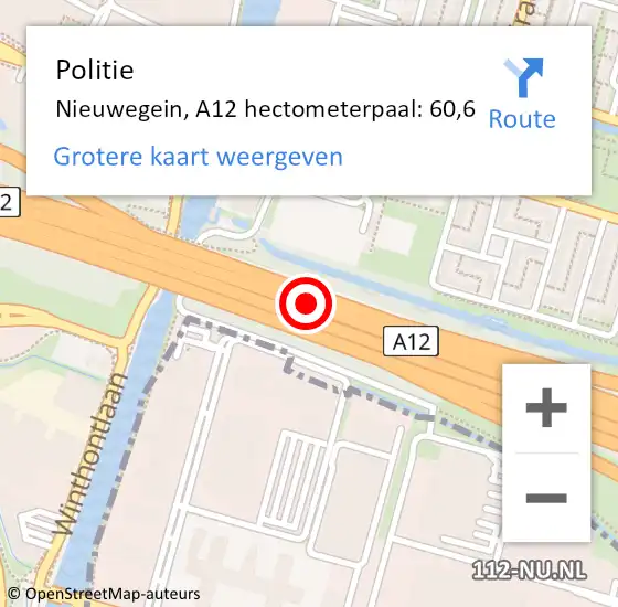 Locatie op kaart van de 112 melding: Politie Nieuwegein, A12 hectometerpaal: 60,6 op 15 januari 2025 15:02