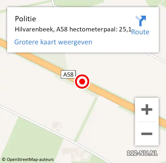 Locatie op kaart van de 112 melding: Politie Hilvarenbeek, A58 hectometerpaal: 25,1 op 16 januari 2025 18:29