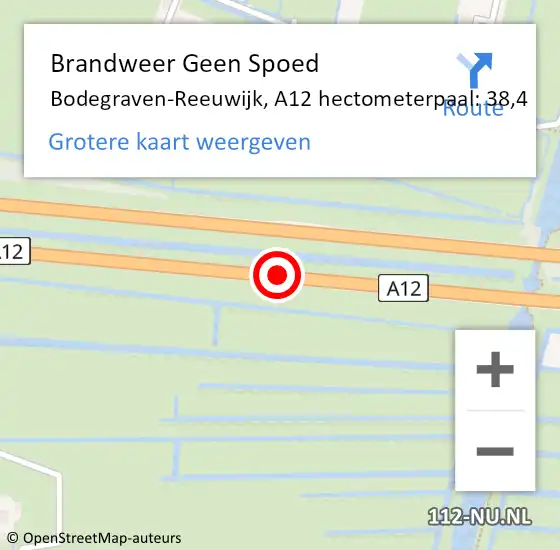 Locatie op kaart van de 112 melding: Brandweer Geen Spoed Naar Bodegraven-Reeuwijk, A12 hectometerpaal: 38,4 op 17 januari 2025 15:28