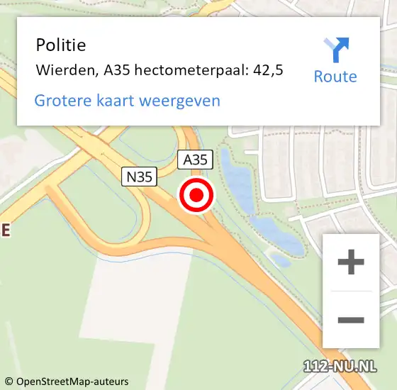Locatie op kaart van de 112 melding: Politie Wierden, A35 hectometerpaal: 42,5 op 17 januari 2025 16:50