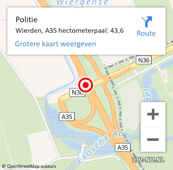 Locatie op kaart van de 112 melding: Politie Wierden, A35 hectometerpaal: 43,6 op 18 januari 2025 03:10