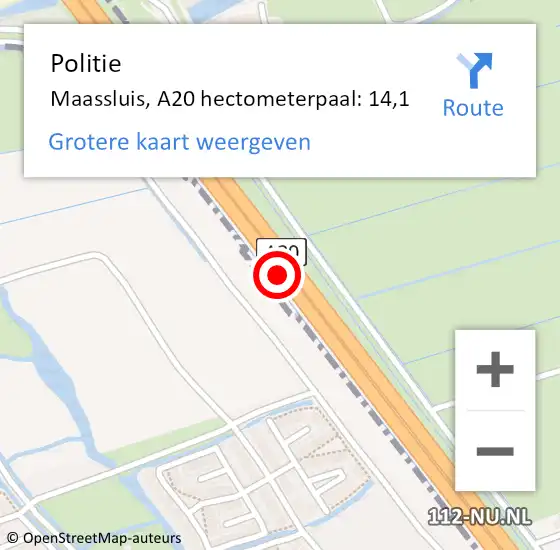 Locatie op kaart van de 112 melding: Politie Maassluis, A20 hectometerpaal: 14,1 op 18 januari 2025 16:10