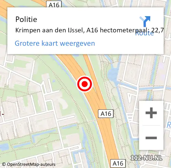 Locatie op kaart van de 112 melding: Politie Krimpen aan den IJssel, A16 hectometerpaal: 22,7 op 19 januari 2025 12:50