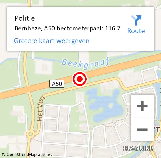 Locatie op kaart van de 112 melding: Politie Bernheze, A50 hectometerpaal: 116,7 op 20 januari 2025 07:09