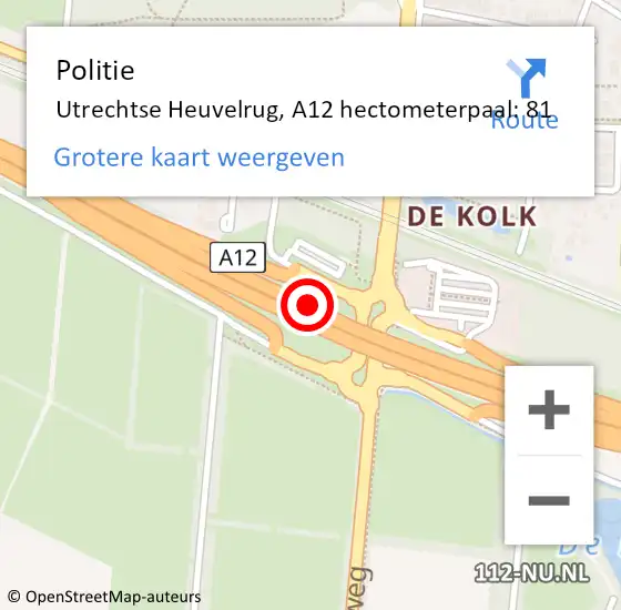 Locatie op kaart van de 112 melding: Politie Utrechtse Heuvelrug, A12 hectometerpaal: 81 op 20 januari 2025 07:58