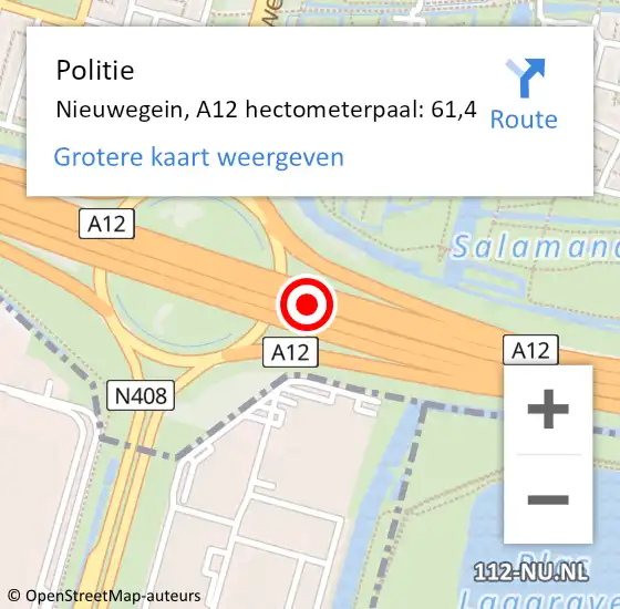 Locatie op kaart van de 112 melding: Politie Nieuwegein, A12 hectometerpaal: 61,4 op 20 januari 2025 08:01