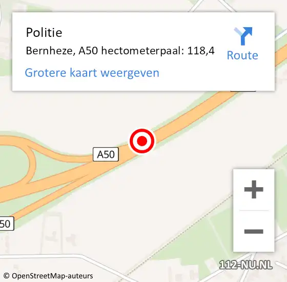 Locatie op kaart van de 112 melding: Politie Bernheze, A50 hectometerpaal: 118,4 op 20 januari 2025 09:08