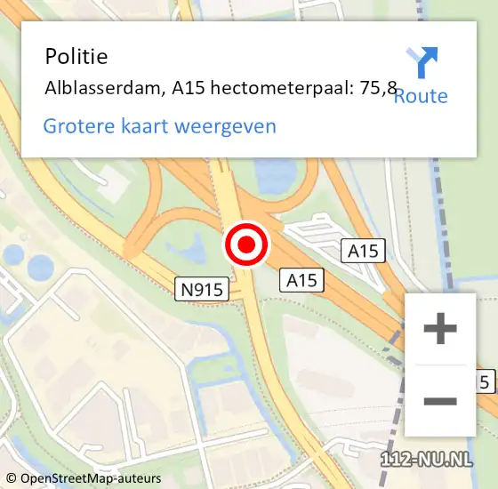 Locatie op kaart van de 112 melding: Politie Alblasserdam, A15 hectometerpaal: 75,8 op 21 januari 2025 14:42
