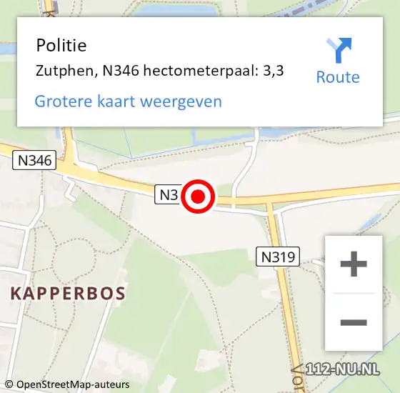 Locatie op kaart van de 112 melding: Politie Zutphen, N346 hectometerpaal: 3,3 op 21 januari 2025 15:51