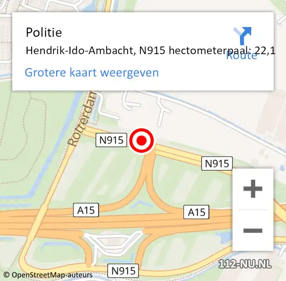 Locatie op kaart van de 112 melding: Politie Hendrik-Ido-Ambacht, N915 hectometerpaal: 22,1 op 22 januari 2025 21:21