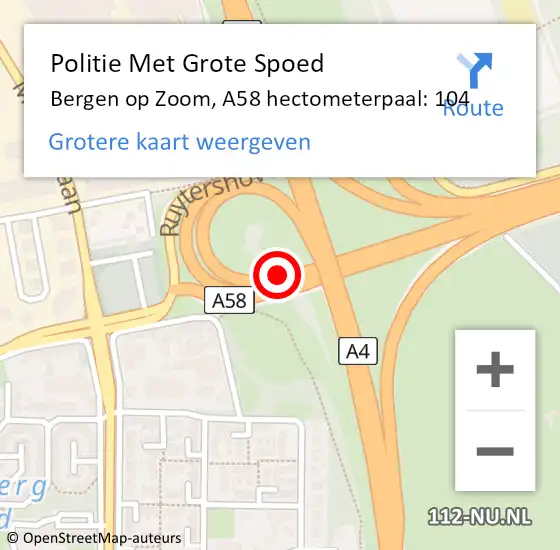 Locatie op kaart van de 112 melding: Politie Met Grote Spoed Naar Bergen op Zoom, A58 hectometerpaal: 104 op 23 januari 2025 07:08