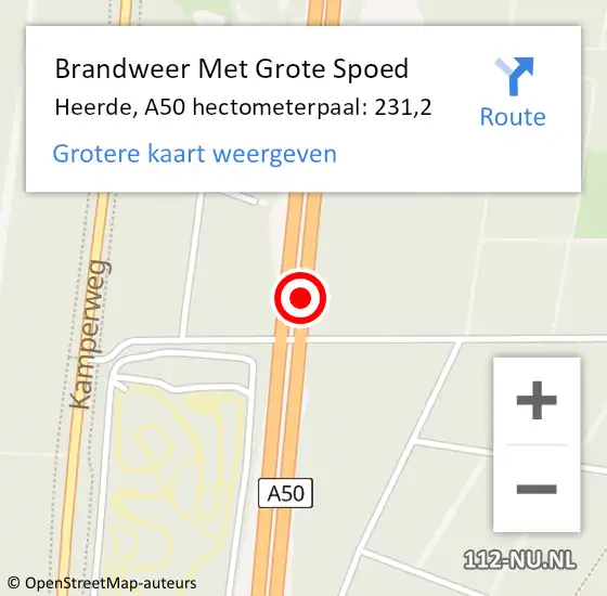 Locatie op kaart van de 112 melding: Brandweer Met Grote Spoed Naar Heerde, A50 hectometerpaal: 231,2 op 24 januari 2025 07:35