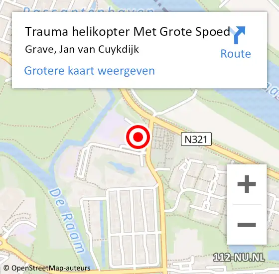 Locatie op kaart van de 112 melding: Trauma helikopter Met Grote Spoed Naar Grave, Jan van Cuykdijk op 24 januari 2025 11:49