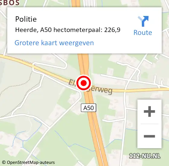 Locatie op kaart van de 112 melding: Politie Heerde, A50 hectometerpaal: 226,9 op 24 januari 2025 11:53