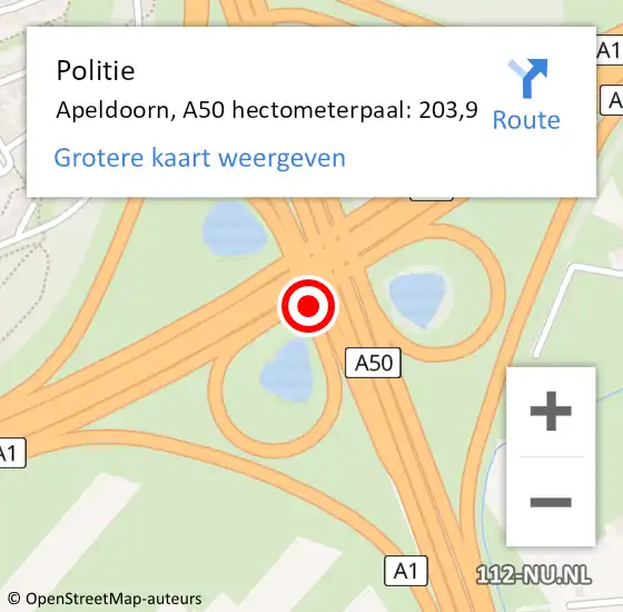Locatie op kaart van de 112 melding: Politie Apeldoorn, A50 hectometerpaal: 203,9 op 24 januari 2025 12:04