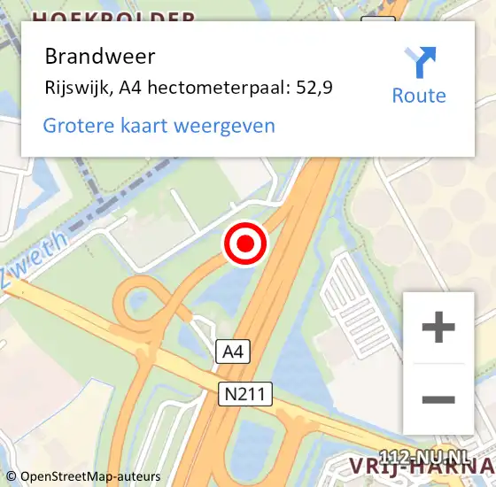 Locatie op kaart van de 112 melding: Brandweer Rijswijk, A4 hectometerpaal: 52,9 op 25 januari 2025 14:53