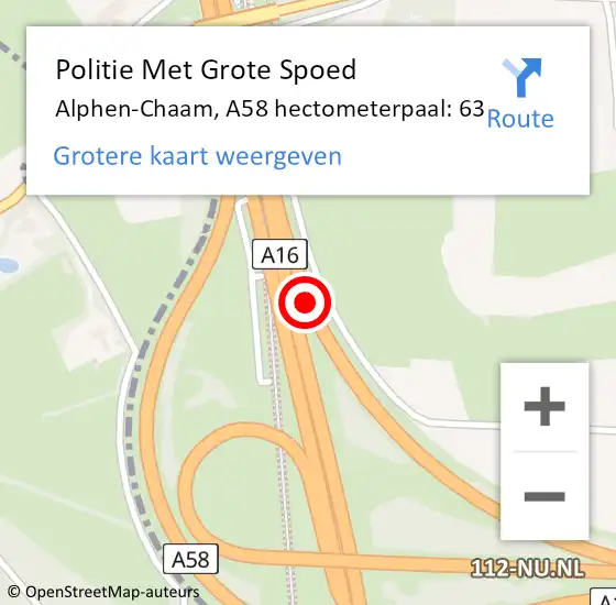 Locatie op kaart van de 112 melding: Politie Met Grote Spoed Naar Alphen-Chaam, A58 hectometerpaal: 63 op 26 januari 2025 08:55