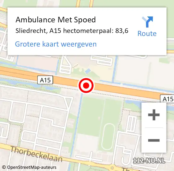 Locatie op kaart van de 112 melding: Ambulance Met Spoed Naar Sliedrecht, A15 hectometerpaal: 83,6 op 27 januari 2025 07:43