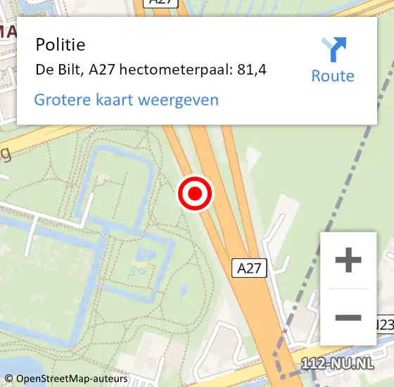 Locatie op kaart van de 112 melding: Politie De Bilt, A27 hectometerpaal: 81,4 op 28 januari 2025 07:46