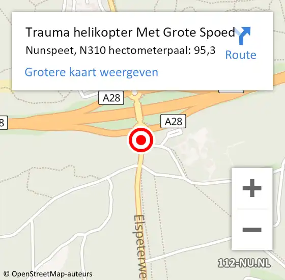 Locatie op kaart van de 112 melding: Trauma helikopter Met Grote Spoed Naar Nunspeet, N310 hectometerpaal: 95,3 op 29 januari 2025 12:26
