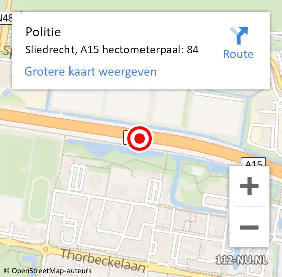 Locatie op kaart van de 112 melding: Politie Sliedrecht, A15 hectometerpaal: 84 op 3 februari 2025 11:39