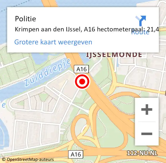 Locatie op kaart van de 112 melding: Politie Krimpen aan den IJssel, A16 hectometerpaal: 21,4 op 3 februari 2025 13:45