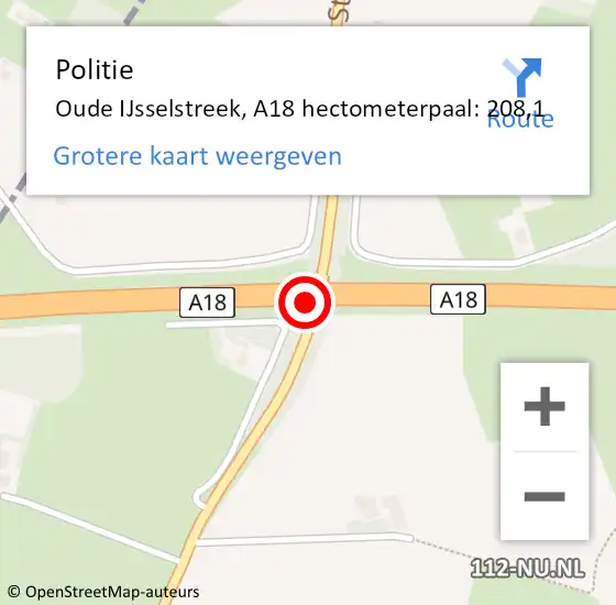 Locatie op kaart van de 112 melding: Politie Oude IJsselstreek, A18 hectometerpaal: 208,1 op 5 februari 2025 23:15